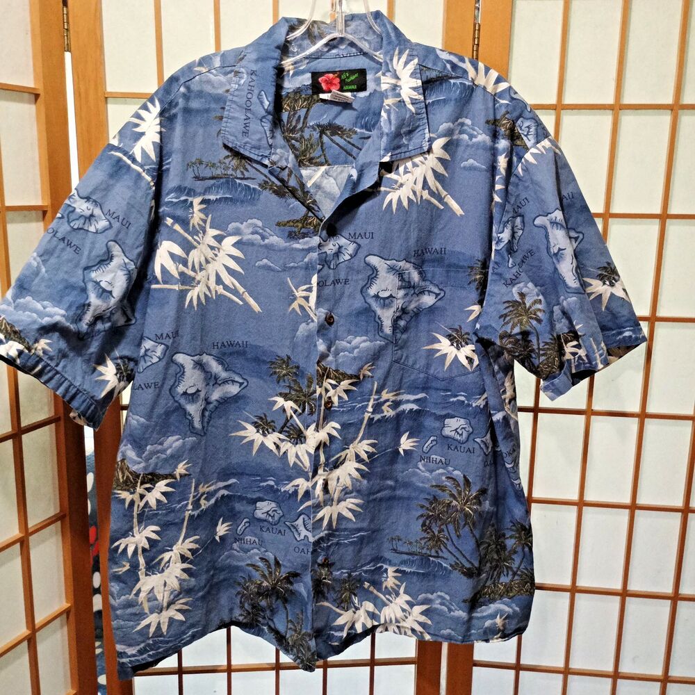 Ali'i Fashions Hawaii Hawaiian Shirt Mens Blue Island Map Palm Trees Cotton